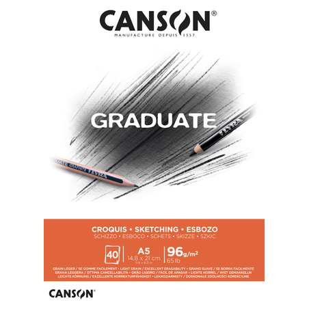Bloc-notes Canson Graduate, 40 feuilles, A5, 96 g, grain fin, blanc