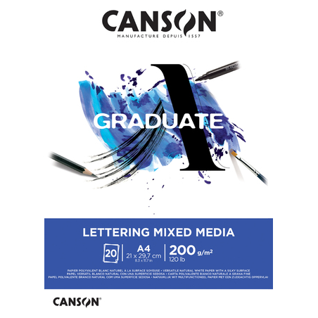 Bloc de 20 feuilles A4 encollées Canson Graduate Lettering Multi-Techniques 200 g - Satin - Blanc