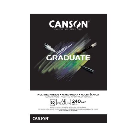 Bloc de 20 feuilles collées Canson Graduate Mix Media A5 - 240 g - Grain fin - Noir