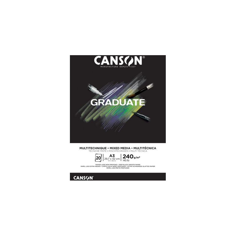 Bloc de 20 feuilles collées Canson Graduate Mix Media A3 - 240 g - Grain fin - Noir