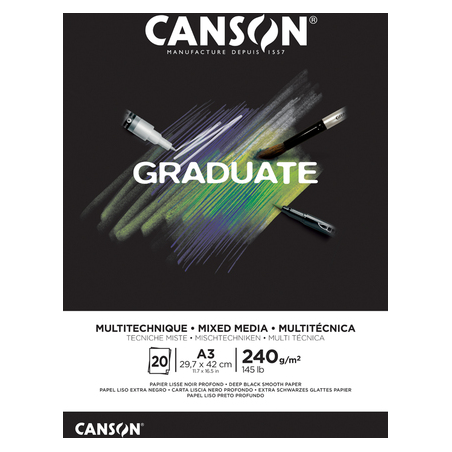 Bloc de 20 feuilles collées Canson Graduate Mix Media A3 - 240 g - Grain fin - Noir