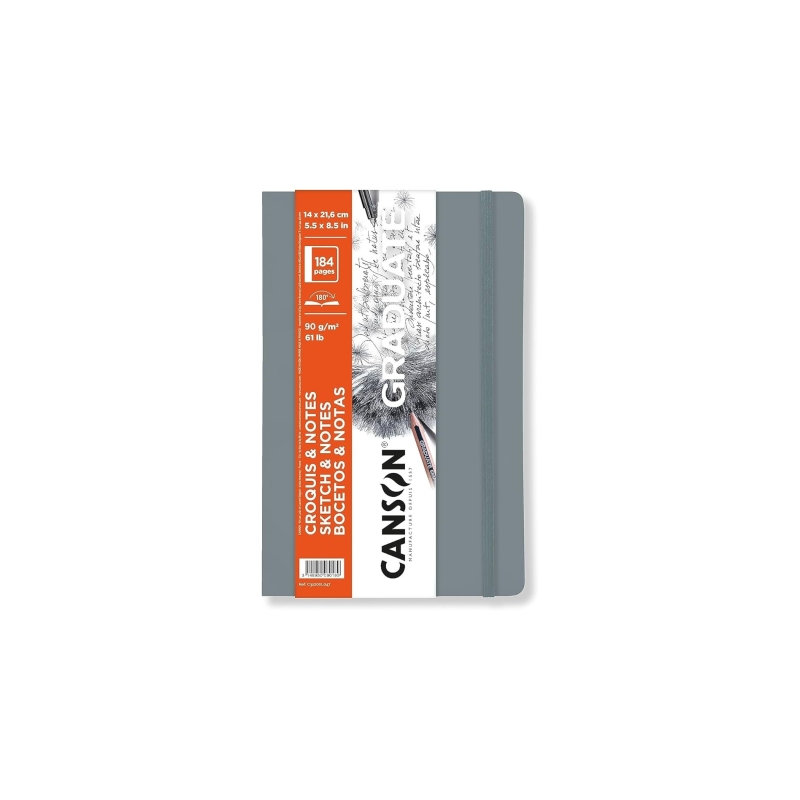 Carnet de croquis Canson Graduate 92 feuilles - 14 x 21,6 cm - 90 g - Grain fin - Couverture souple - Gris clair