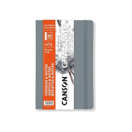 Carnet de croquis Canson Graduate 92 feuilles - 14 x 21,6 cm - 90 g - Grain fin - Couverture souple - Gris clair