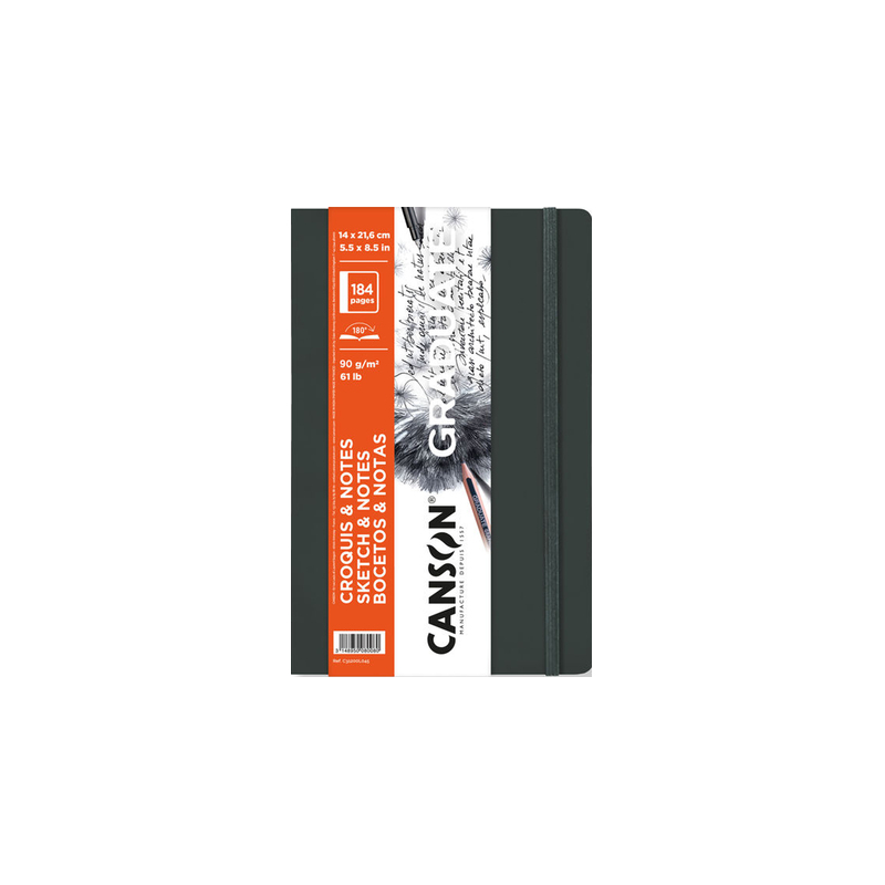 Carnet de croquis Canson Graduate 92 feuilles - 14 x 21,6 cm - 90 g - Grain fin - Couverture souple - Gris foncé