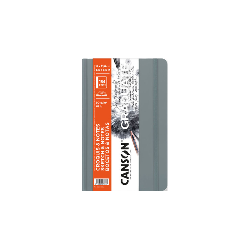 Carnet de croquis Canson Graduate 92 feuilles - 14 x 21,6 cm - 90 g - Grain fin - Couverture rigide - Gris clair