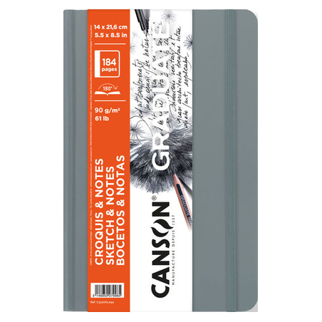 Carnet de croquis Canson Graduate 92 feuilles - 14 x 21,6 cm - 90 g - Grain fin - Couverture rigide - Gris clair