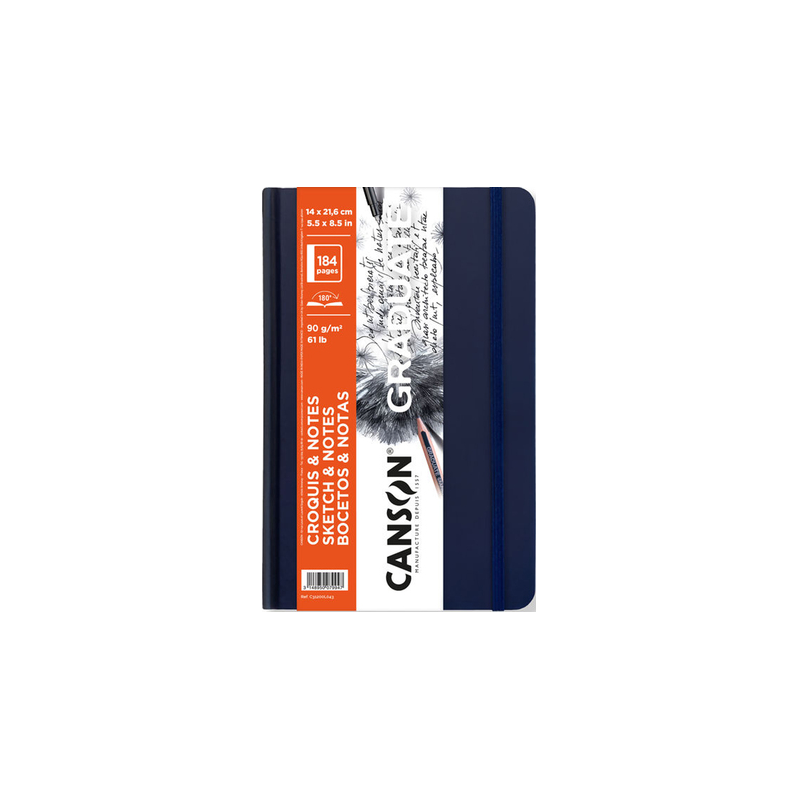 Carnet de croquis Canson Graduate 92 feuilles - 14 x 21,6 cm - 90 g - Grain fin - Couverture rigide - Bleu foncé
