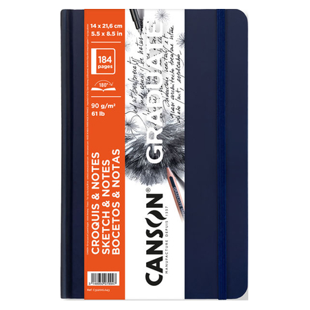 Carnet de croquis Canson Graduate 92 feuilles - 14 x 21,6 cm - 90 g - Grain fin - Couverture rigide - Bleu foncé