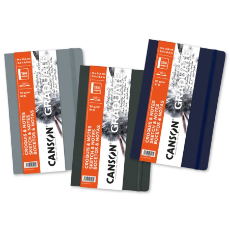 Carnet de croquis Canson Graduate 92 feuilles - 14 x 21,6 cm - 90 g - Grain fin - Couverture rigide - Gris foncé