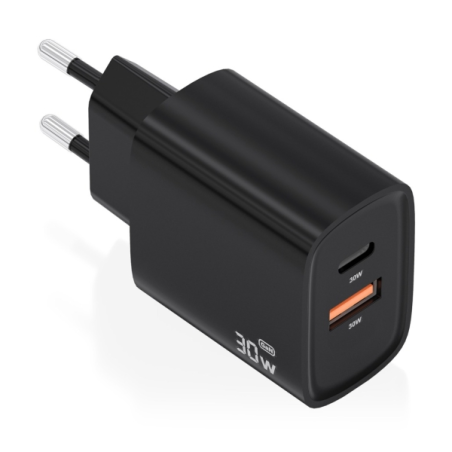 Chargeur Aisens GaN 30 W - USB-C PD3.0 - Technologie IA pour détecter le protocole et la vitesse de charge - Noir