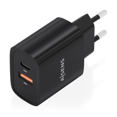 Chargeur Aisens GaN 30 W - USB-C PD3.0 - Technologie IA pour détecter le protocole et la vitesse de charge - Noir
