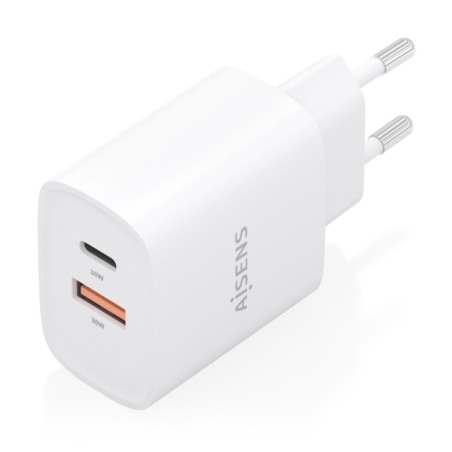 Chargeur Aisens GaN 30 W - USB-C PD3.0 - Technologie IA pour détecter le protocole et la vitesse de charge - Blanc