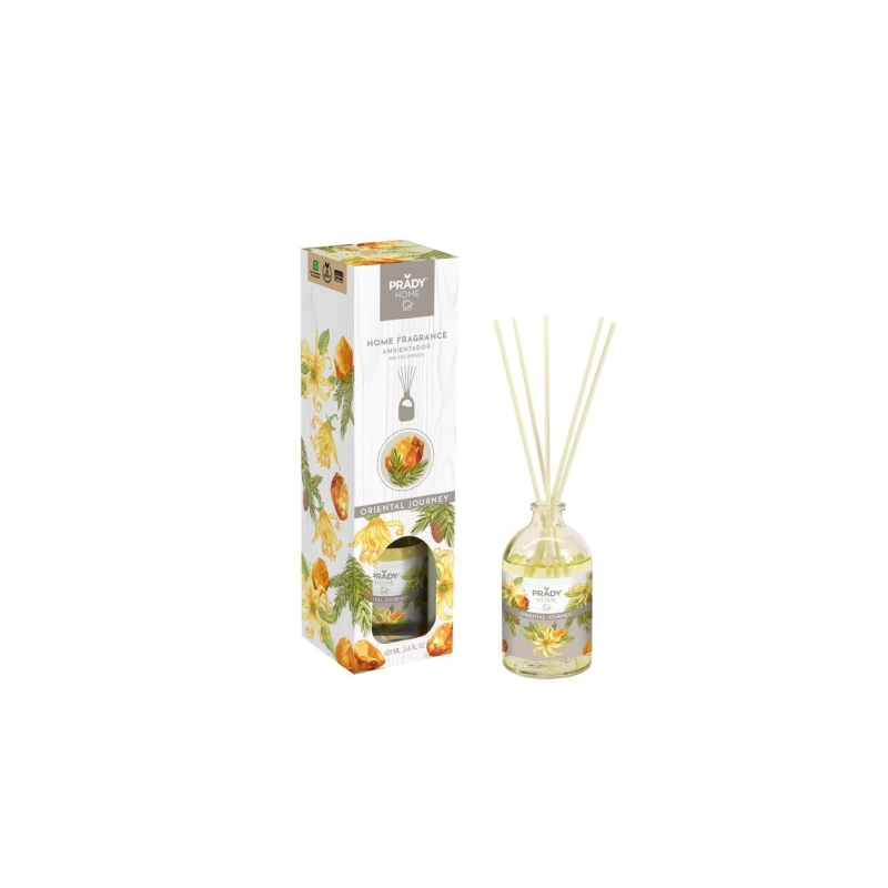 Désodorisant Prady Oriental Journey Mikado - Flacon en verre de 100 ml et bâtonnets diffuseurs