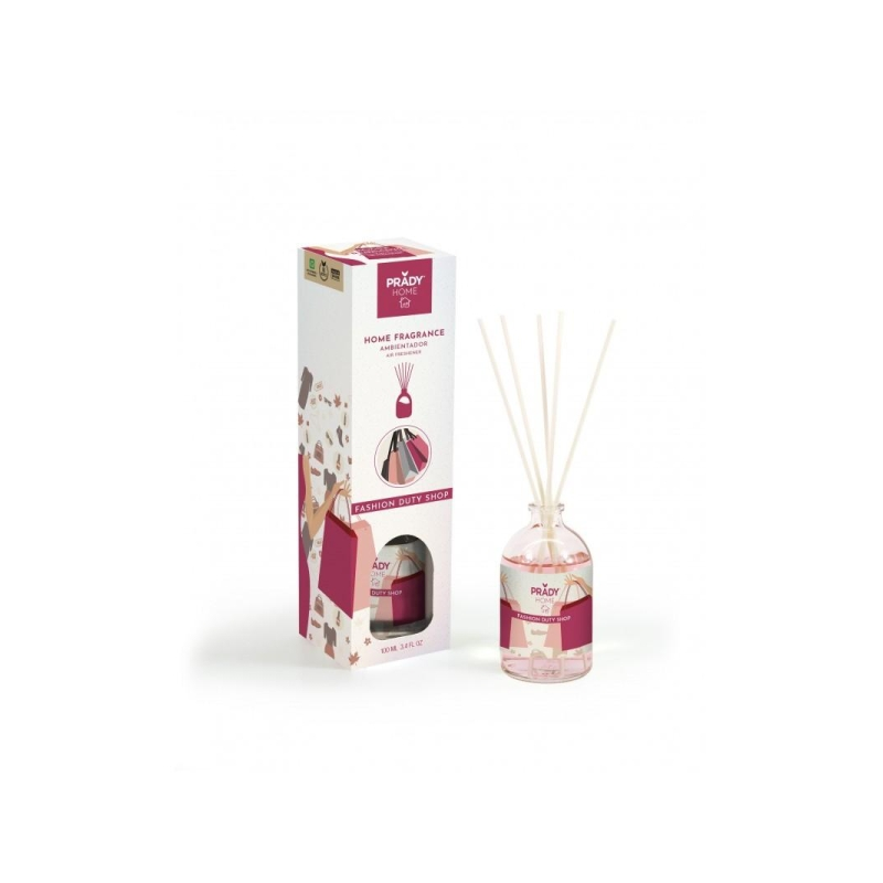 Désodorisant Mikado Prady Fashion Duty Shop - Flacon en verre de 100 ml et bâtonnets diffuseurs