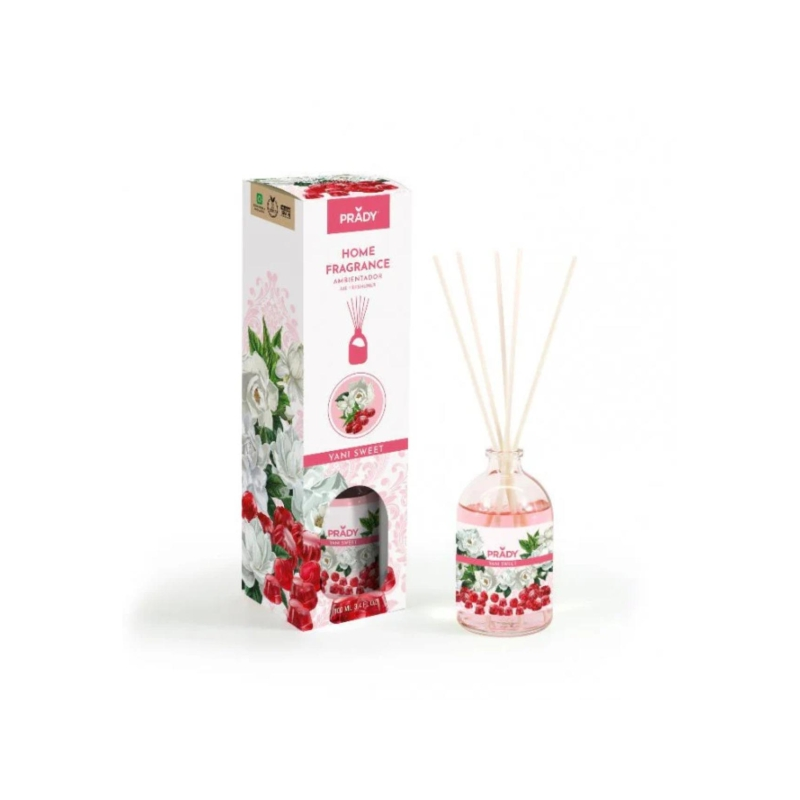 Désodorisant Prady Yani Sweet Mikado - Flacon en verre de 100 ml et bâtonnets diffuseurs