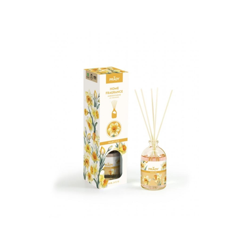 Désodorisant Prady Narcissus Mikado - Flacon en verre de 100 ml et bâtonnets diffuseurs
