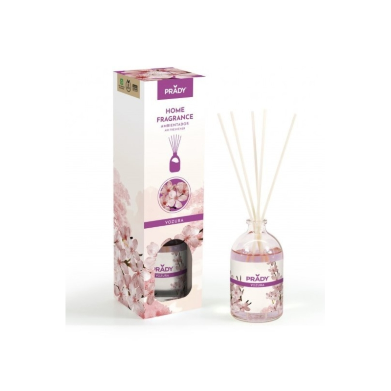 Désodorisant Prady Mikado Yozura - Flacon en verre de 100 ml et bâtonnets diffuseurs