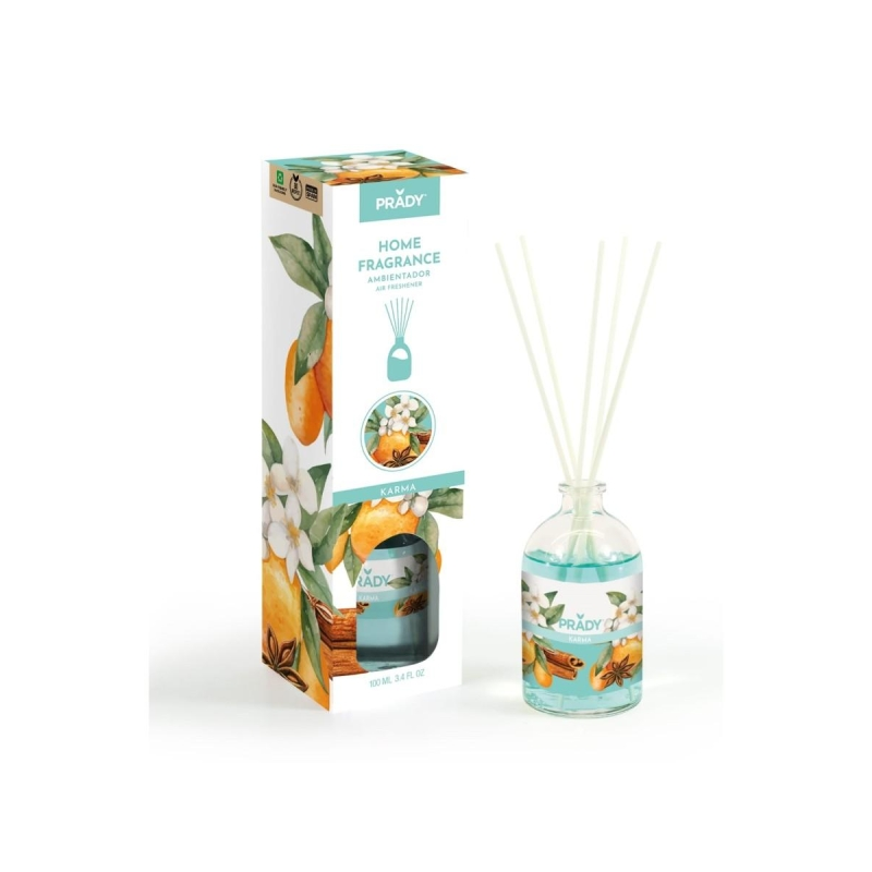 Désodorisant Prady Karma Mikado - Flacon en verre de 100 ml et bâtonnets diffuseurs