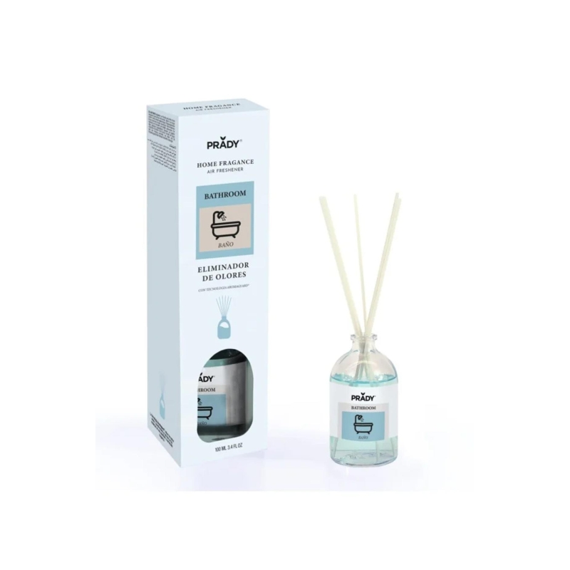 Désodorisant Prady Mikado pour salle de bain - Flacon en verre de 100 ml et bâtonnets diffuseurs