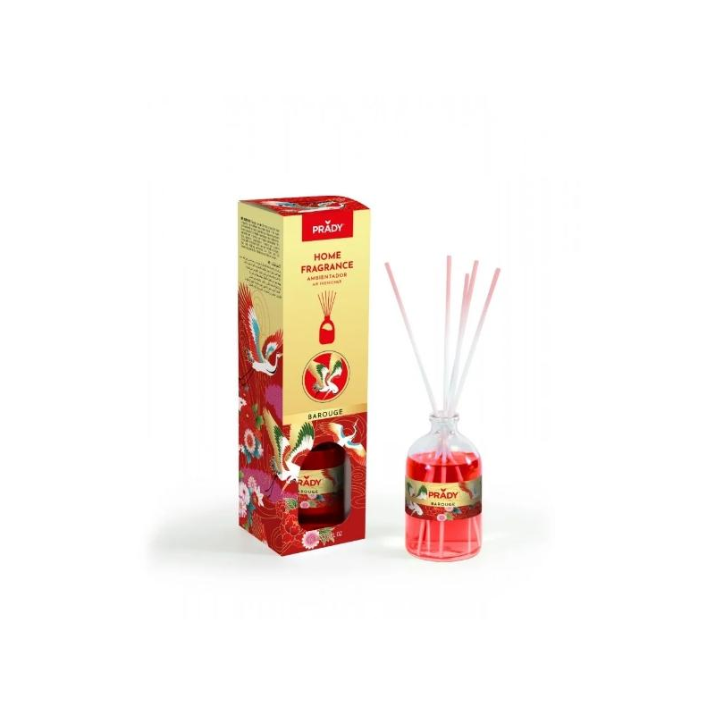 Désodorisant Prady Barouge Mikado - Flacon en verre de 100 ml et bâtonnets diffuseurs