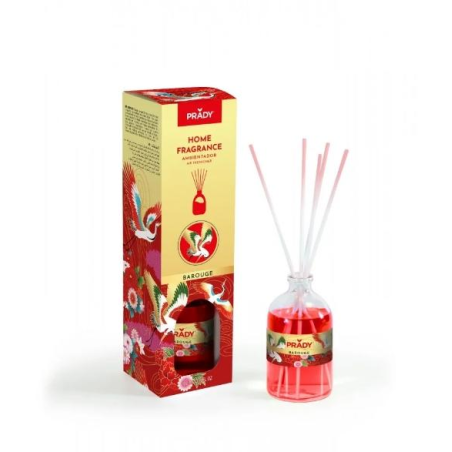 Désodorisant Prady Barouge Mikado - Flacon en verre de 100 ml et bâtonnets diffuseurs