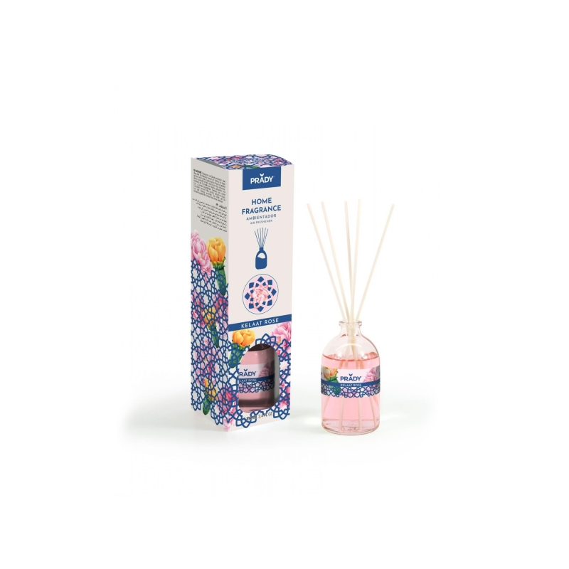 Désodorisant Prady Kelaat Rose Mikado - Flacon en verre de 100 ml et bâtonnets diffuseurs