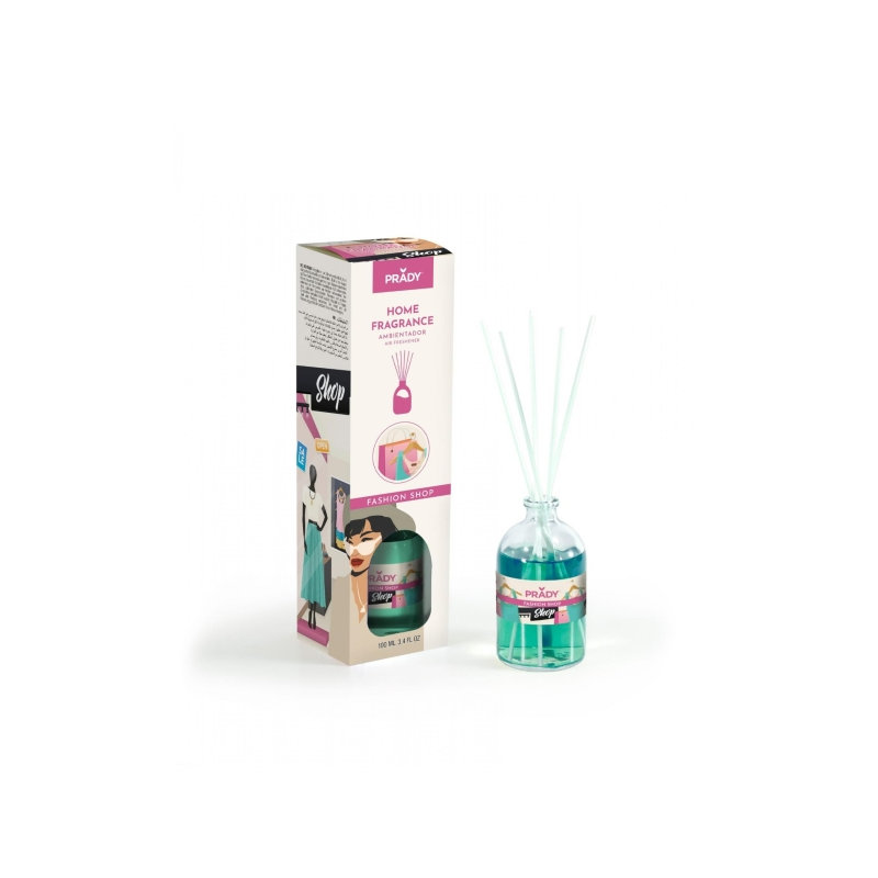 Désodorisant Mikado Prady Fashion Shop - Flacon en verre de 100 ml et bâtonnets diffuseurs
