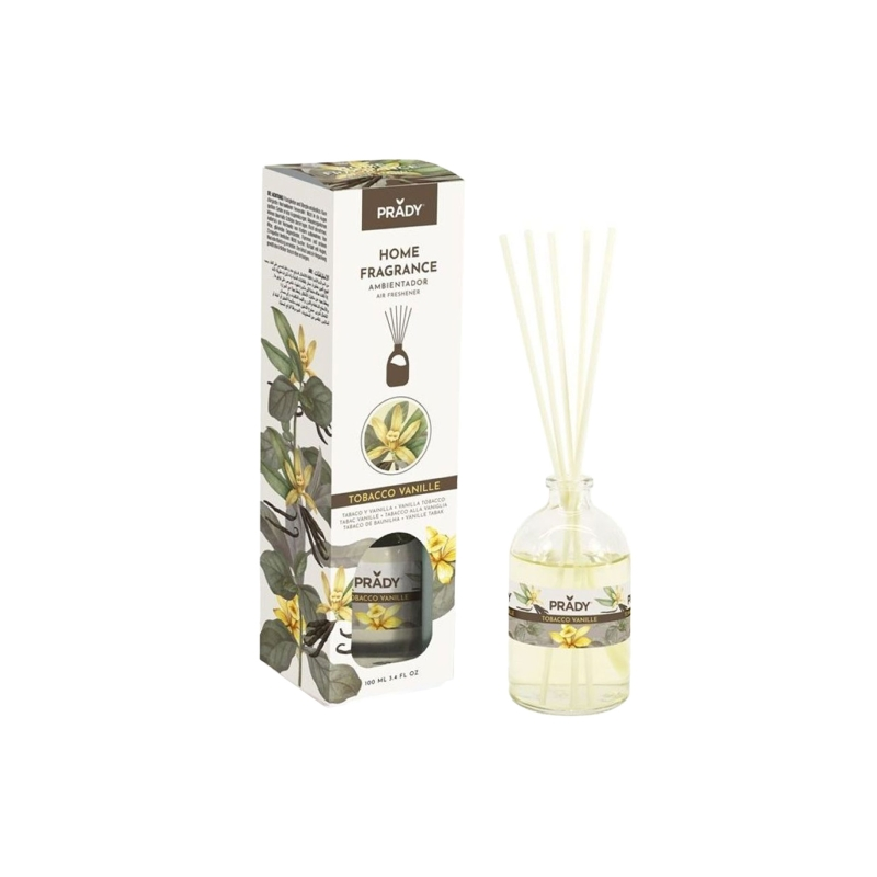 Désodorisant Prady Tabac Vanille Mikado - Flacon en verre de 100 ml et bâtonnets diffuseurs