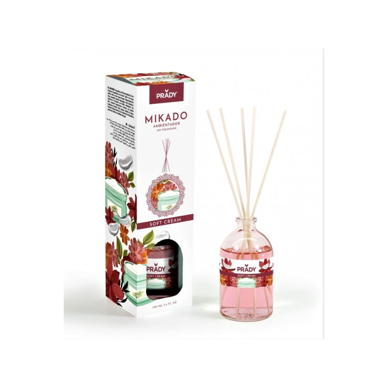 Désodorisant Prady Mikado Soft Cream - Flacon en verre de 100 ml et bâtonnets diffuseurs