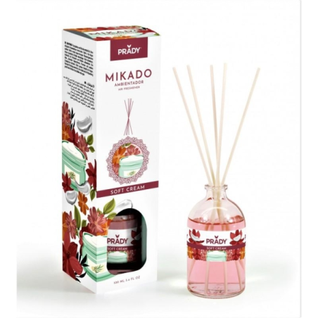 Désodorisant Prady Mikado Soft Cream - Flacon en verre de 100 ml et bâtonnets diffuseurs