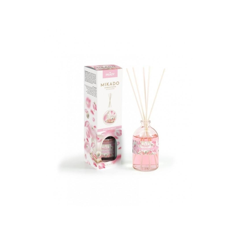 Désodorisant Prady White Musk Mikado - Flacon en verre de 100 ml et bâtonnets diffuseurs
