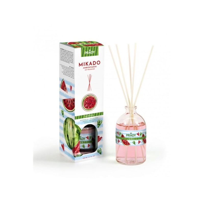Désodorisant Prady Pastèque Mikado - Flacon en verre de 100 ml et bâtonnets diffuseurs