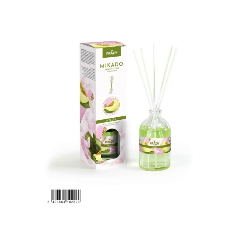 Désodorisant Prady Mikado Melon - Flacon en verre de 100 ml et bâtonnets diffuseurs