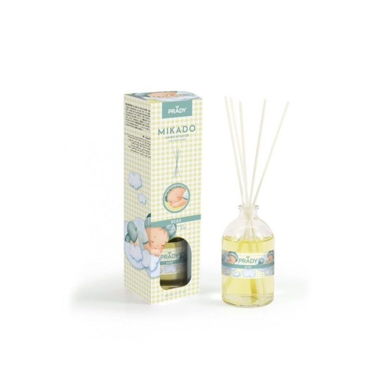 Désodorisant Prady Baby Mikado - Flacon en verre de 100 ml et bâtonnets diffuseurs
