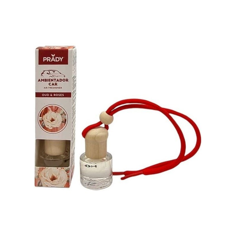 Désodorisant pour voiture Prady OUD & Rose - Flacon en verre de 6 ml et cordon de rétroviseur