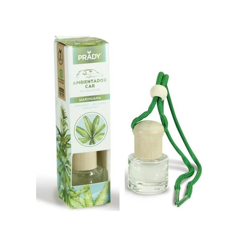 Désodorisant pour voiture Prady Cannabis - Flacon en verre de 6 ml et cordon pour rétroviseur