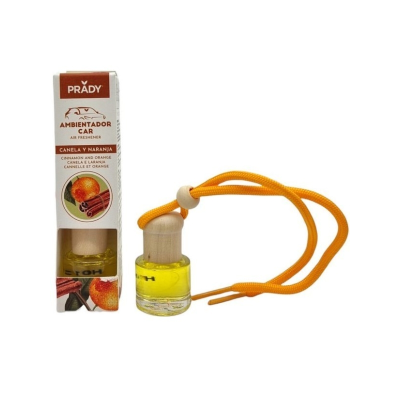 Désodorisant pour voiture Prady Cannelle et Orange - Flacon en verre de 6 ml et cordon pour rétroviseur