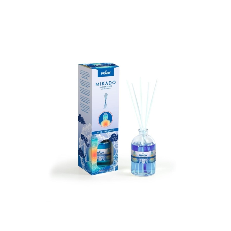 Désodorisant d'encens Prady Mikado Blue - Flacon en verre de 100 ml et bâtonnets diffuseurs