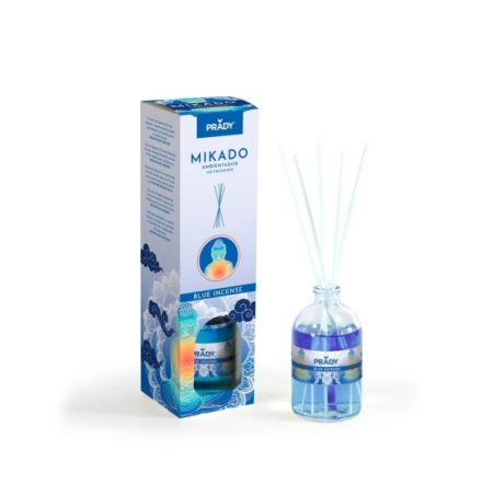 Désodorisant d'encens Prady Mikado Blue - Flacon en verre de 100 ml et bâtonnets diffuseurs