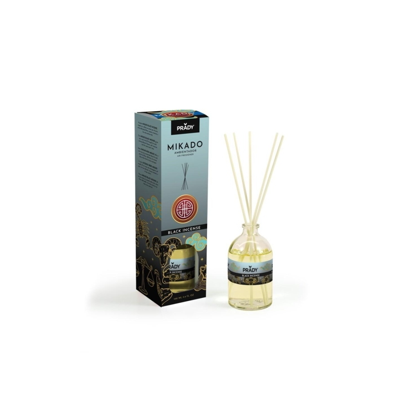 Désodorisant d'encens Prady Mikado Black - Flacon en verre de 100 ml et bâtonnets diffuseurs