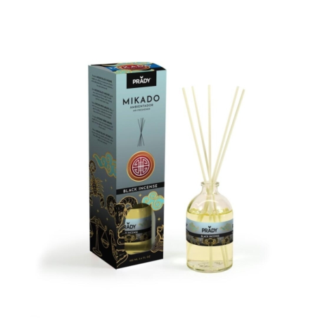 Désodorisant d'encens Prady Mikado Black - Flacon en verre de 100 ml et bâtonnets diffuseurs