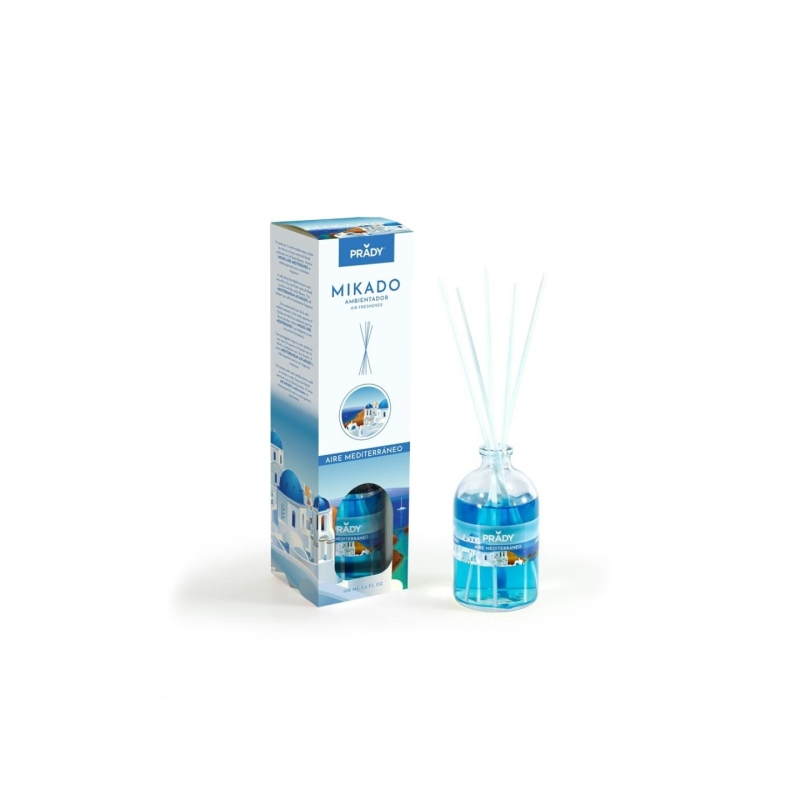 Désodorisant Prady Mediterranean Air Mikado - Flacon en verre de 100 ml et bâtonnets diffuseurs