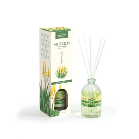 Désodorisant Prady Aloe Vera Mikado - Flacon en verre de 100 ml et bâtonnets diffuseurs