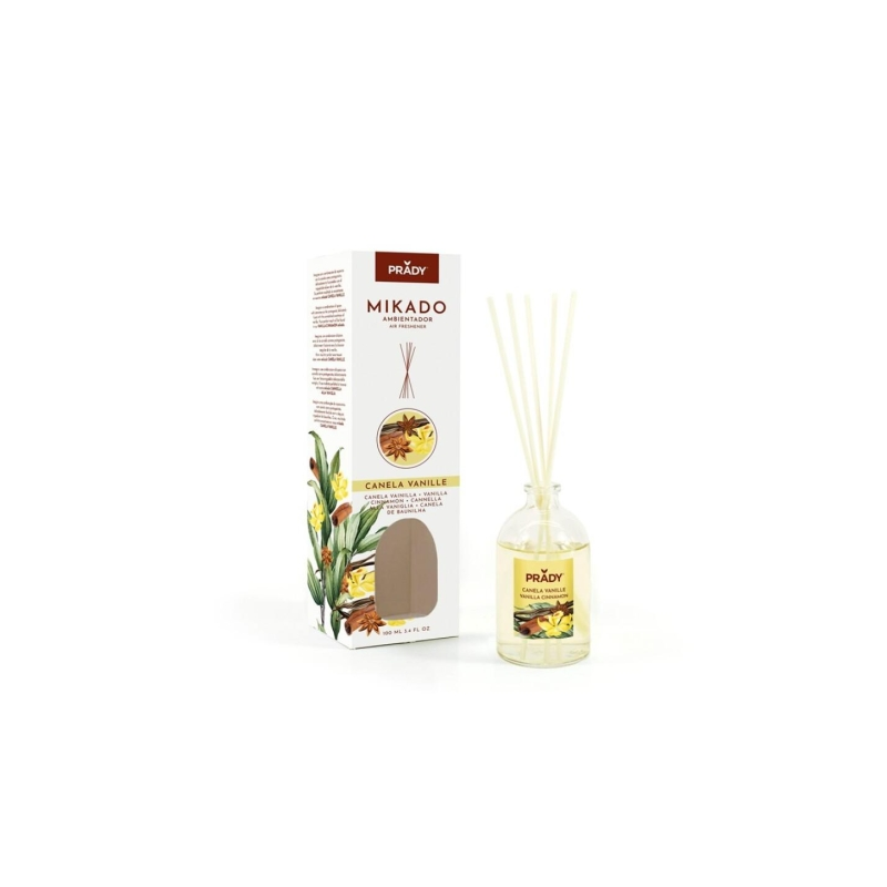 Désodorisant Prady Cannelle Vanille Mikado - Flacon en verre de 100 ml et bâtonnets diffuseurs