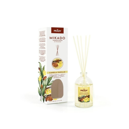 Désodorisant Prady Cannelle Vanille Mikado - Flacon en verre de 100 ml et bâtonnets diffuseurs