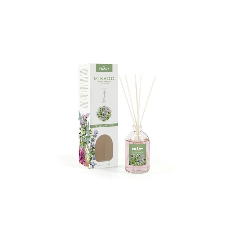 Désodorisant Prady Wild Garden Mikado - Flacon en verre de 100 ml et bâtonnets diffuseurs