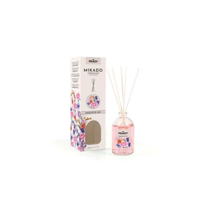 Désodorisant Prady Mikado Exquisite Mix - Flacon en verre de 100 ml et bâtonnets diffuseurs
