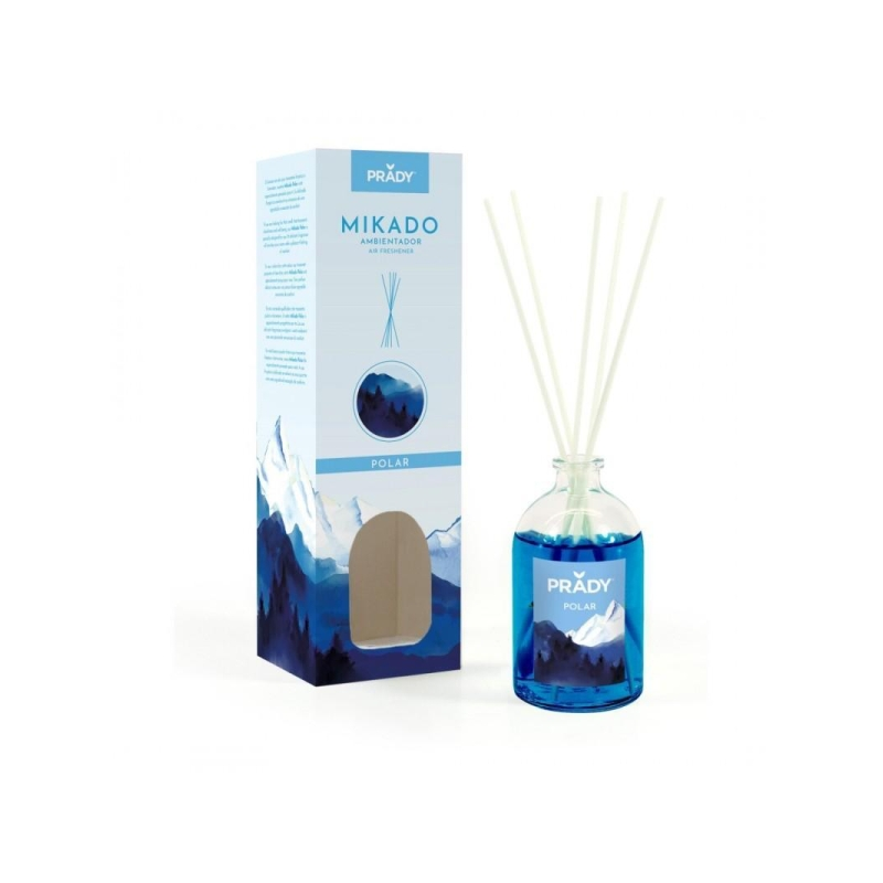 Désodorisant Prady Polar Mikado - Flacon en verre de 100 ml et bâtonnets diffuseurs