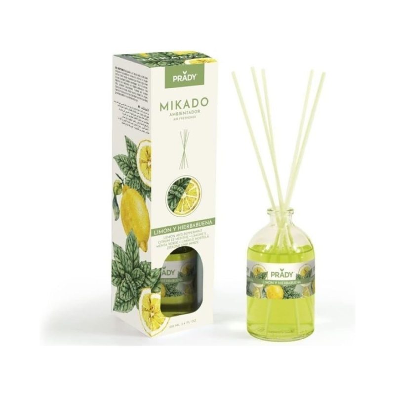 Diffuseur de roseaux Prady Citron et Menthe - Flacon en verre de 100 ml et diffuseurs de roseaux