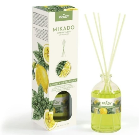 Diffuseur de roseaux Prady Citron et Menthe - Flacon en verre de 100 ml et diffuseurs de roseaux